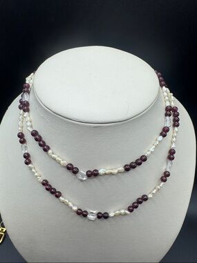 Real Freshwater Pearl, Quartz and Garnet Bead 30in Necklace- White & Deep Red